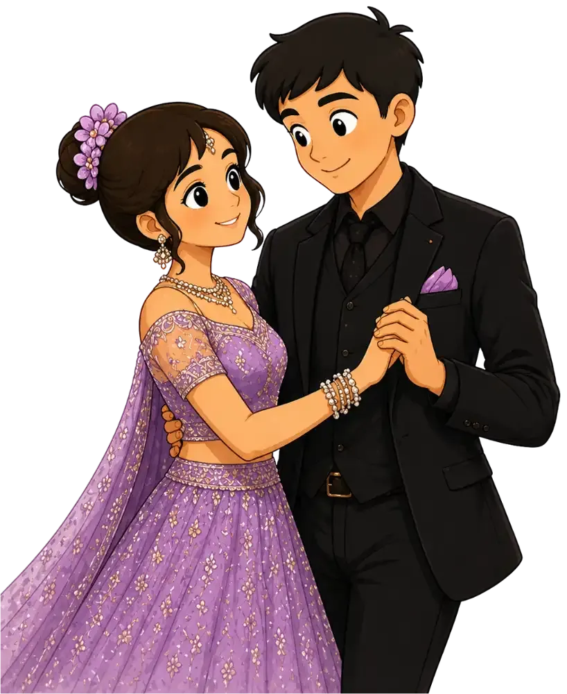 Cartoon couple celebrating Sangeet