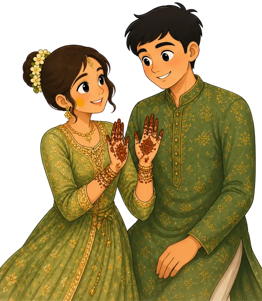 Cartoon couple celebrating Mehendi
