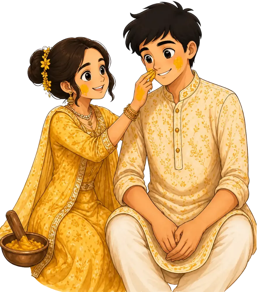 Cartoon couple celebrating Haldi